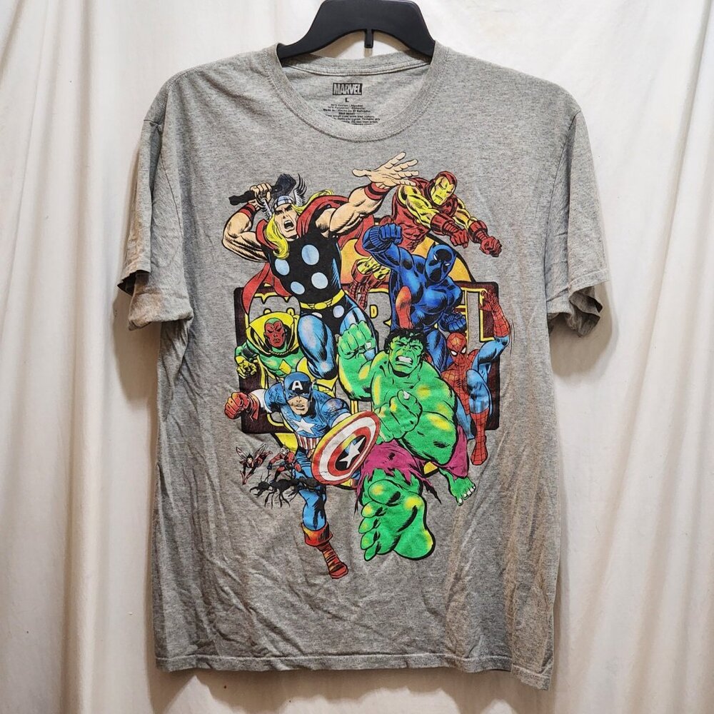 Marvel Captain America Thor Iron Man Hulk Spider-Man comic heroes gray t-shirt L